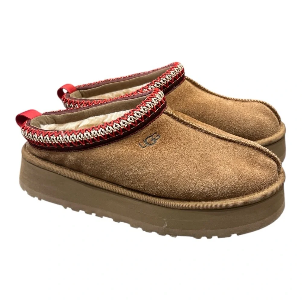 UGG WOMEN TAZZ CHESTNUT SHEARLING SUEDE PLATFORM SHOES US 8